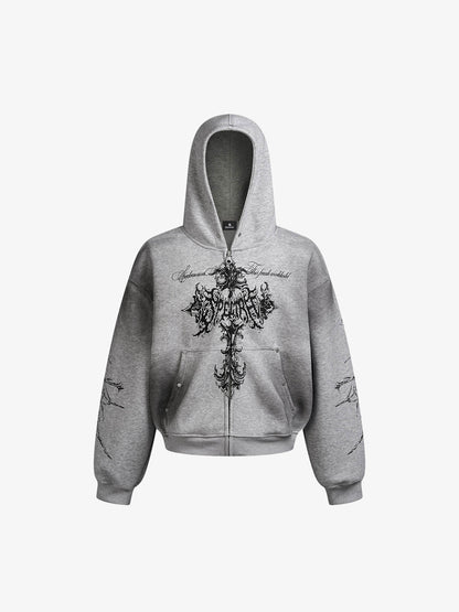 Street Wasteland Washed Cross Print Zip Up Hoodie - 2561 