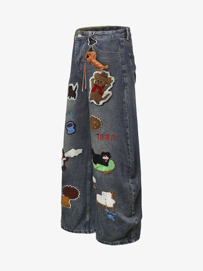 Retro Cartoon Graphic Heavy Embroidery Barrel Jeans - 2562 
