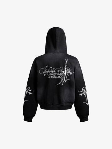Street Wasteland Washed Cross Print Zip Up Hoodie - 2561 