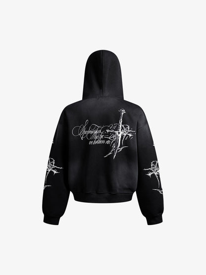 Street Wasteland Washed Cross Print Zip Up Hoodie - 2561 
