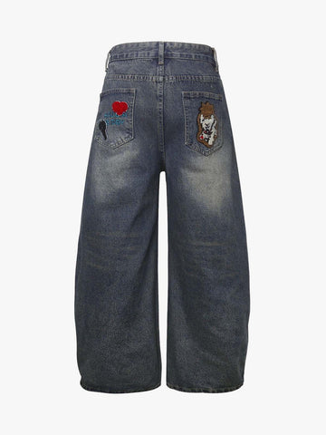 Retro Cartoon Graphic Heavy Embroidery Barrel Jeans - 2562 