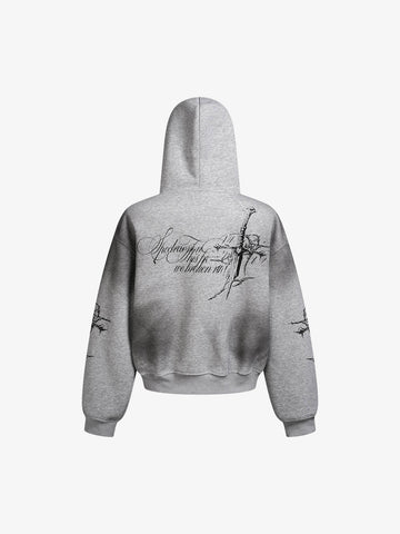 Street Wasteland Washed Cross Print Zip Up Hoodie - 2561 