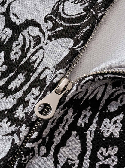 Street Wasteland Washed Cross Print Zip Up Hoodie - 2561 