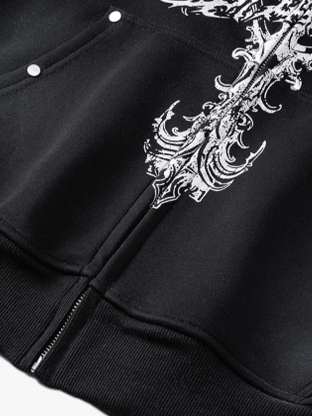 Street Wasteland Washed Cross Print Zip Up Hoodie - 2561 