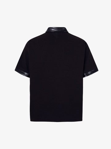 Gothic Text Print Leather Patchwork Polo T-Shirt 