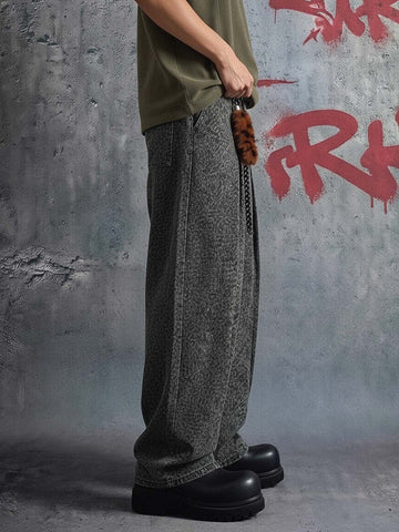 Leopard Pleated Wide Leg Denim Barrel Jeans 
