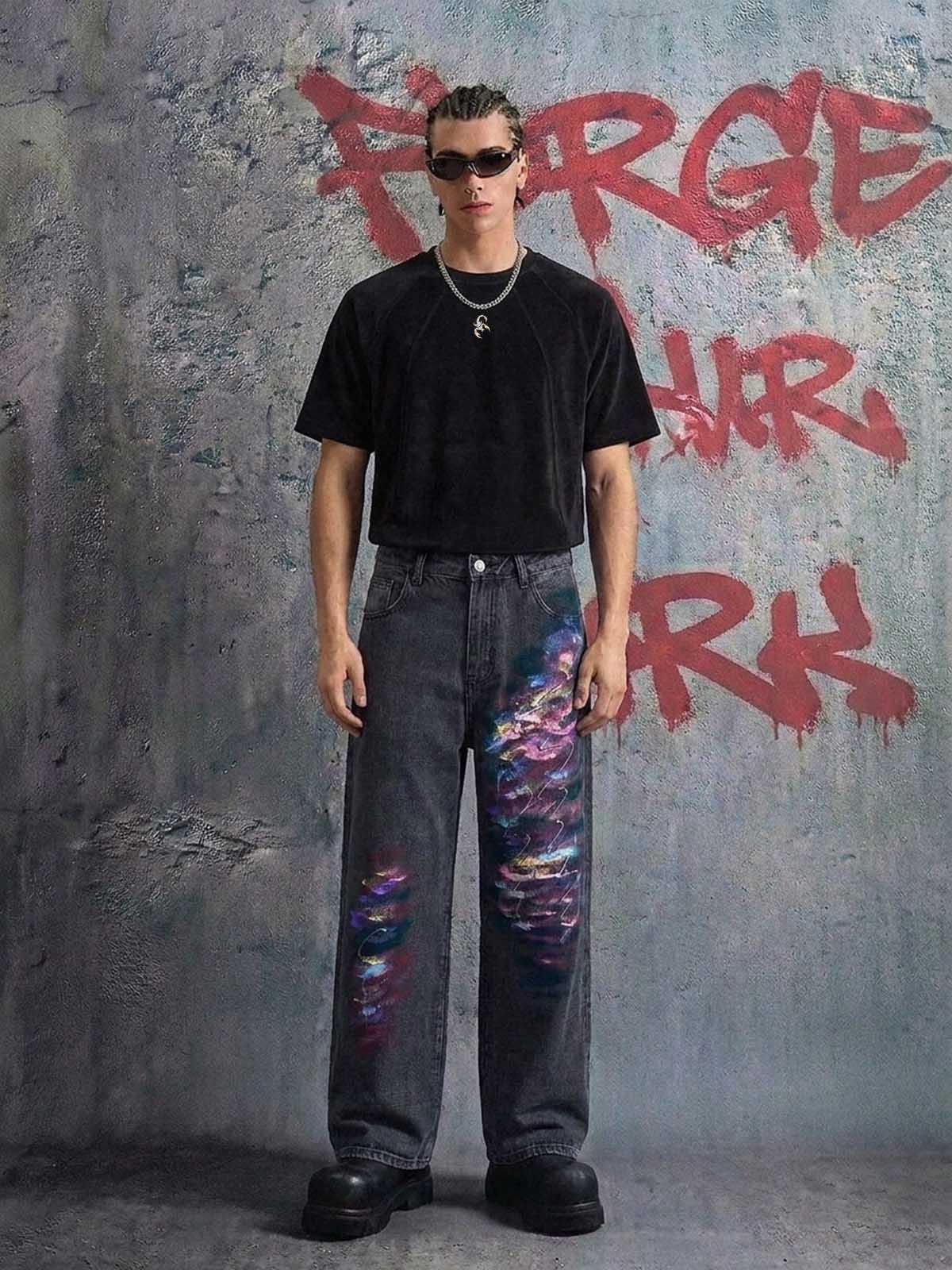 Retro Distressed Colorful Graffiti Art Print Jeans 