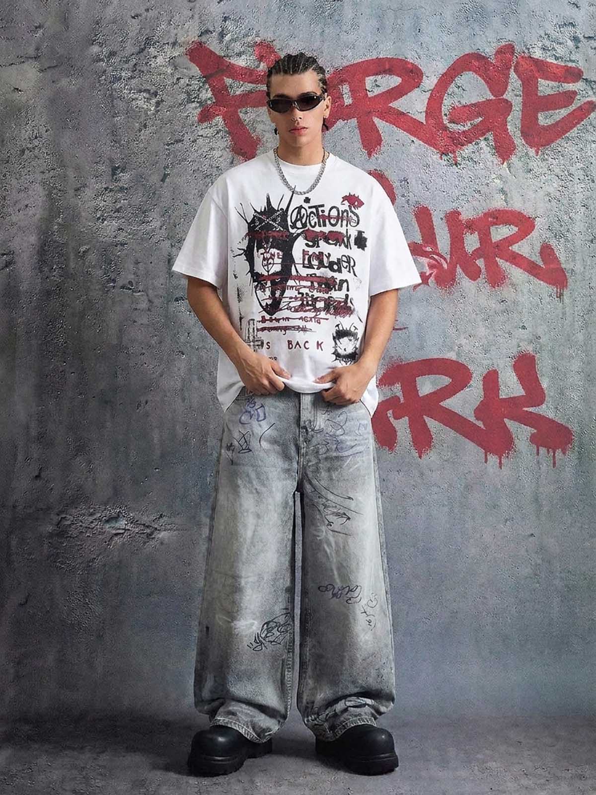 Hand Drawn Scribble Print Baggy Jeans 