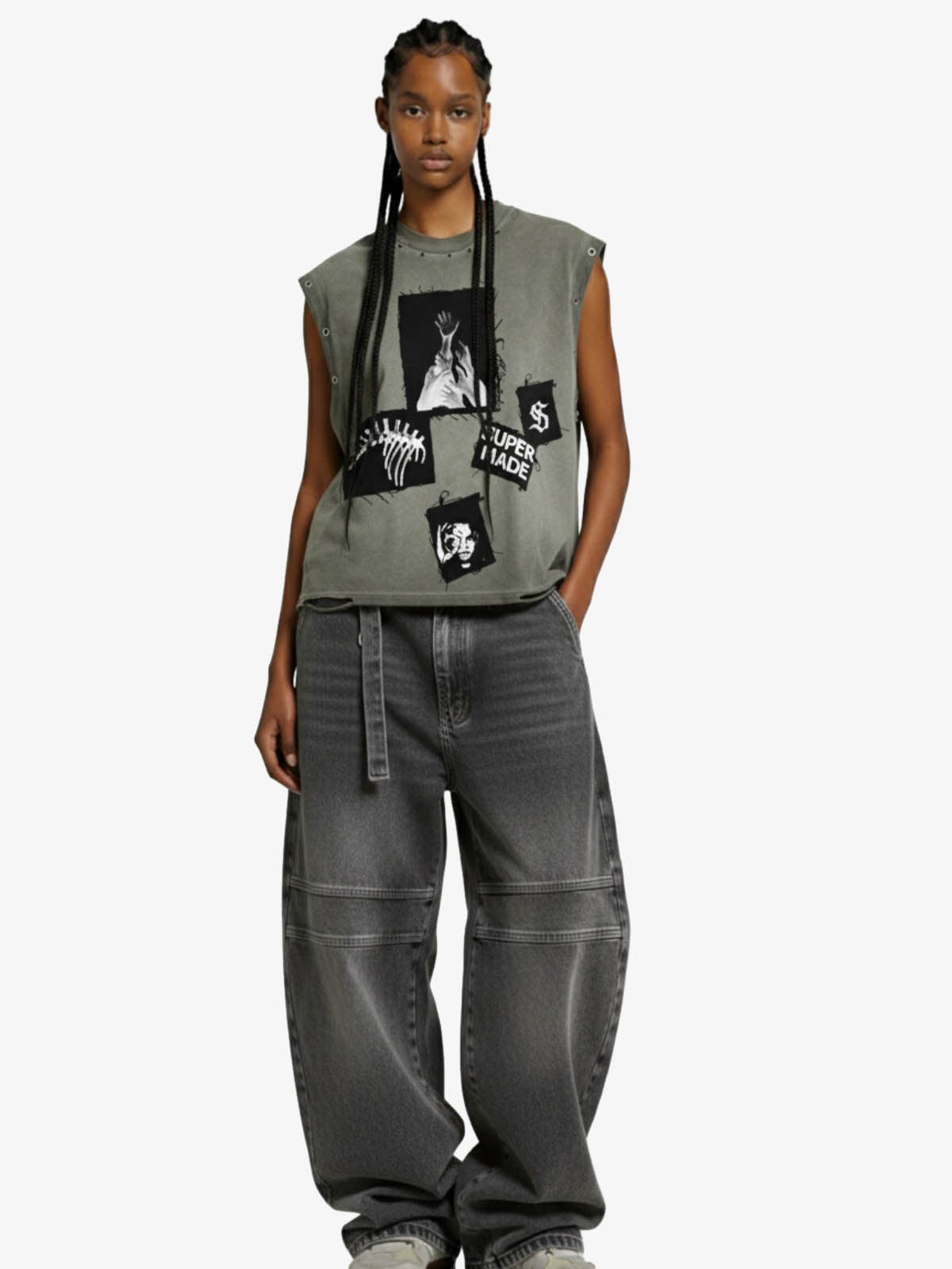 Ripped Graphic Patch Sleeveless Vest - 2632 