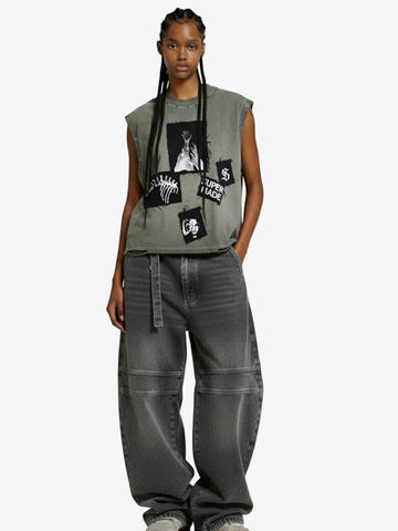 Ripped Graphic Patch Sleeveless Vest - 2632 