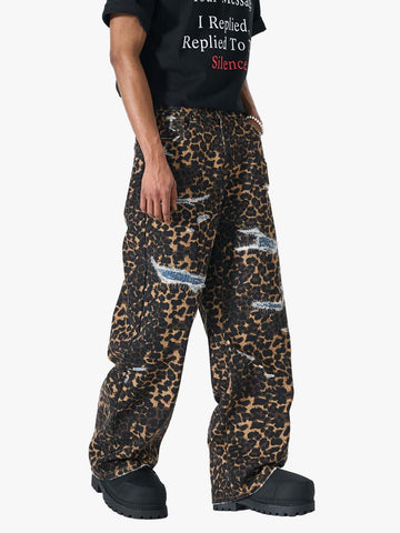 Bold Leopard Print Distressed Wide-Leg Jeans 