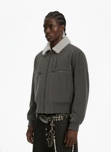 Utility Faux Shearling Collar Suede Look Zip Up Jacket 