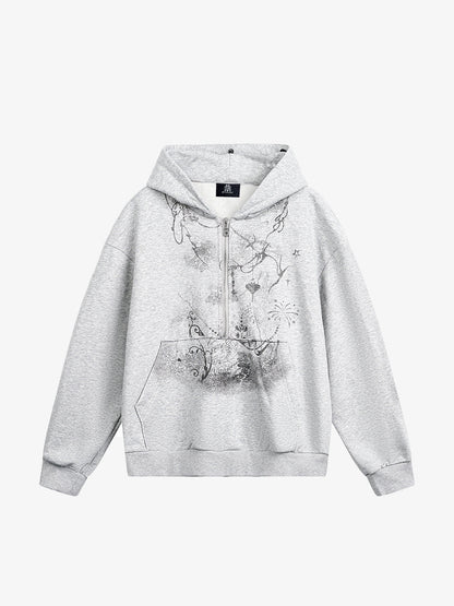 Detachable Fur Collar Printed Cardigan Half-Zip Hoodie 