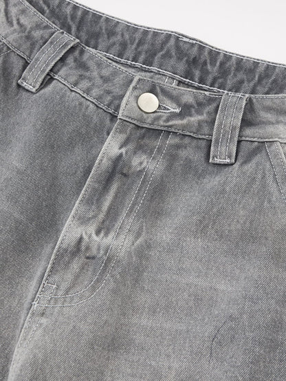 Retro Washed Distressed Curved Blade Wide-Leg Jeans 