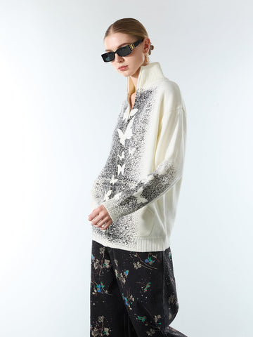 Street Dark Phantom Butterfly Stand-Collar Knit Cardigan Sweater 