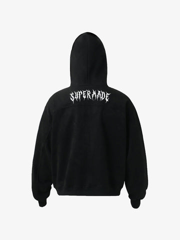 Vintage Suede Letter Embroidered Cropped Zip Up Hoodie 