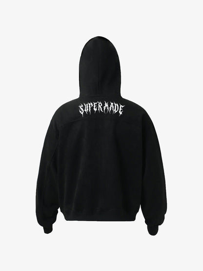 Vintage Suede Letter Embroidered Cropped Zip Up Hoodie 