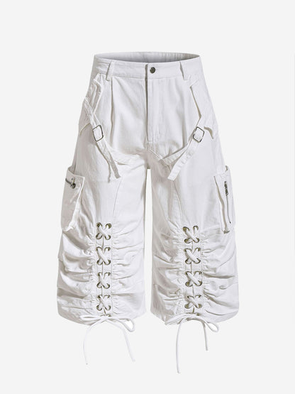 Y2K Schnür-Cargoshorts mit gerafftem, weitem Bein