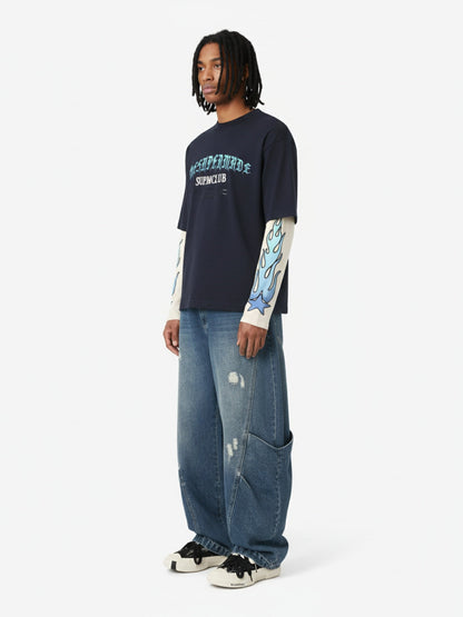 Gradient Letter Print Patchwork Faux Two-Piece Long-Sleeved T-Shirt 
