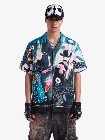 Blue Abstract Oil Painting Camp Collar Boxy Shirt 