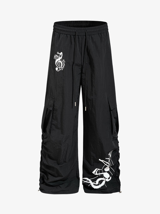 Baggy-Cargohose aus Nylon mit Musiknotenmuster