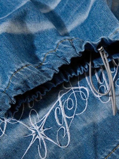 Distressed Denim Shorts with Embroidered Graphic – Drawstring Waist Cotton Fit