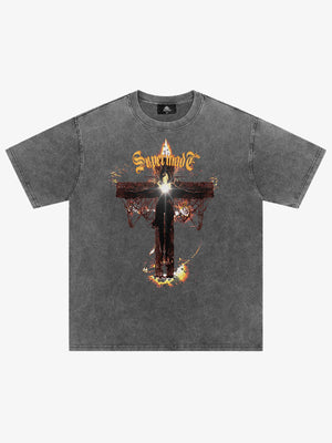 Washed Gothic Cross Graphic T-Shirt 
