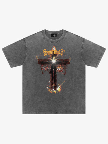 Washed Gothic Cross Graphic T-Shirt 