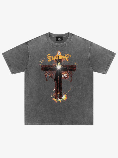 Washed Gothic Cross Graphic T-Shirt 