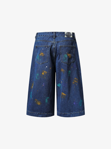 Paint Splatter Denim Wide-Leg Shorts – 100% Cotton Streetwear
