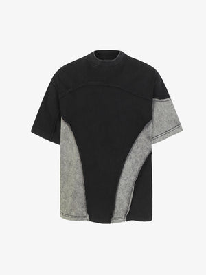 Washed Asymmetric Raw Edge Panel Knit T-Shirt 