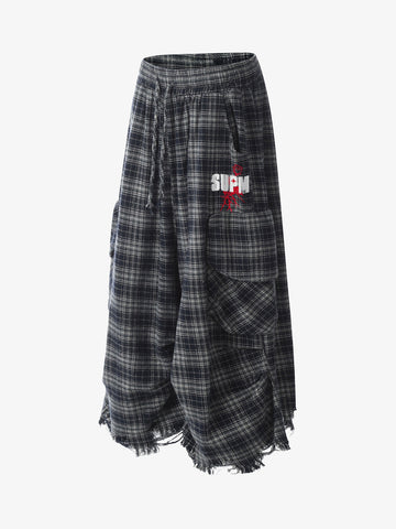 Cotton Plaid Wide Leg Culottes with Frayed Hem and Cargo Pockets 