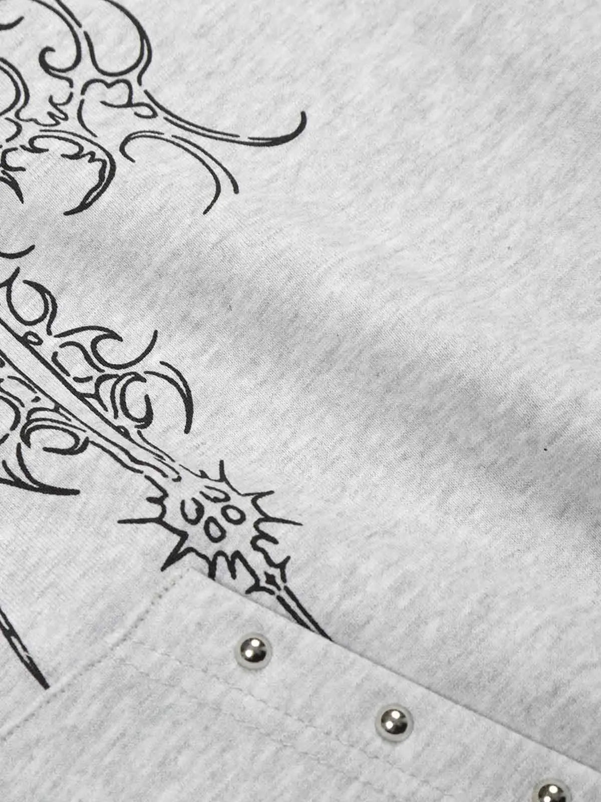 Floral Line Art Studded Pocket Hoodie 
