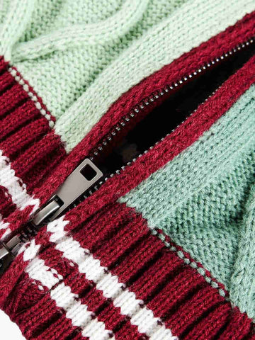 Retro Contrast Color High Neck Knitted Cardigan Sweater 