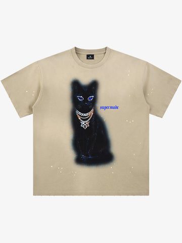 Splatter Design Chain Black Cat Graphic T-Shirt 