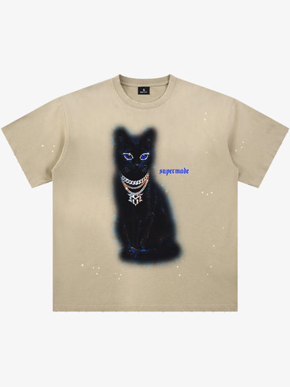 Splatter Design Chain Black Cat Graphic T-Shirt 