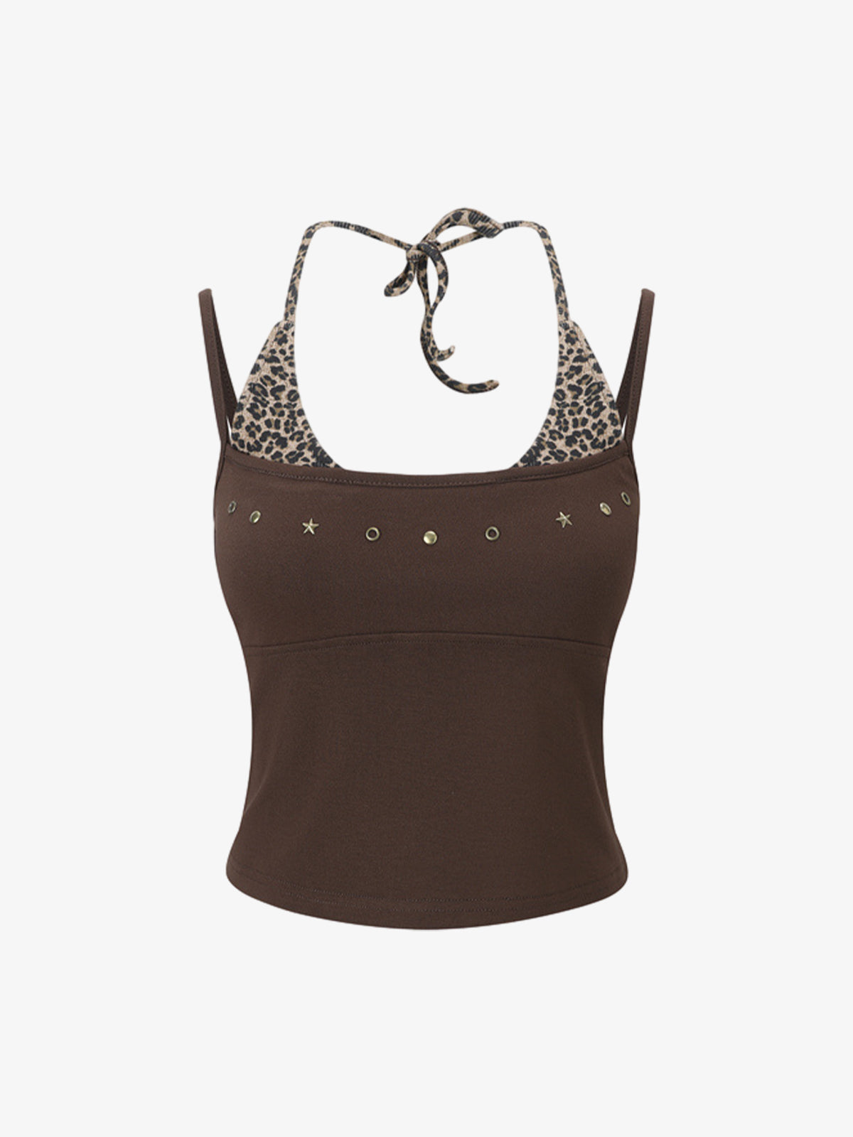 Leopardenmuster-Haltertop – Stretch-Baumwolle mit goldenen Ziernieten