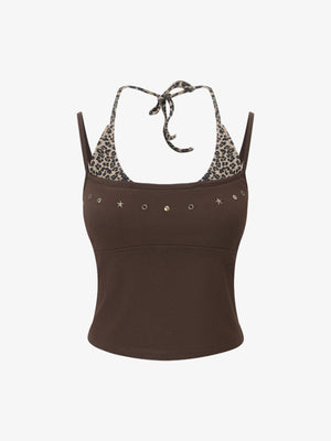 Leopardenmuster-Haltertop – Stretch-Baumwolle mit goldenen Ziernieten