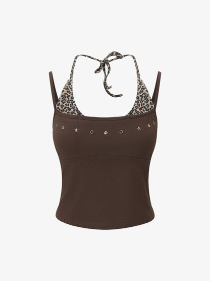 Leopardenmuster-Haltertop – Stretch-Baumwolle mit goldenen Ziernieten