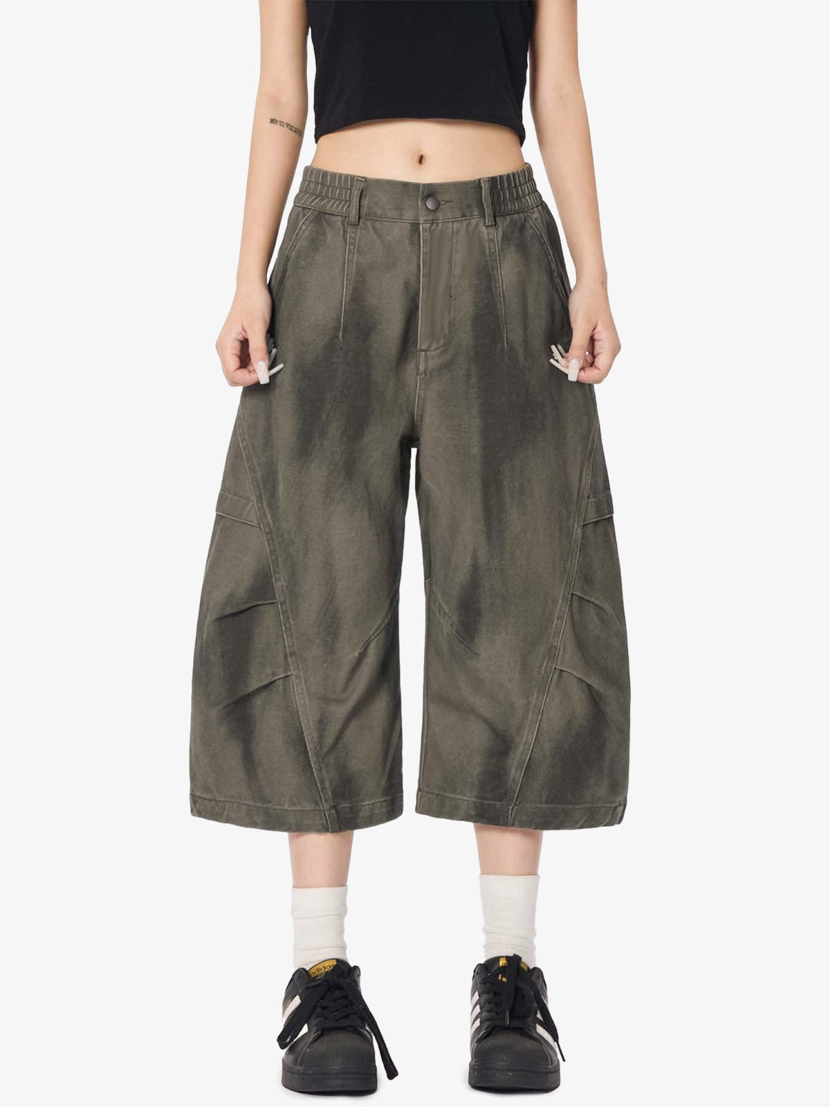 Olive Washed Wide-Leg Cargo Shorts – Cotton Twill Relaxed Fit Utility Shorts