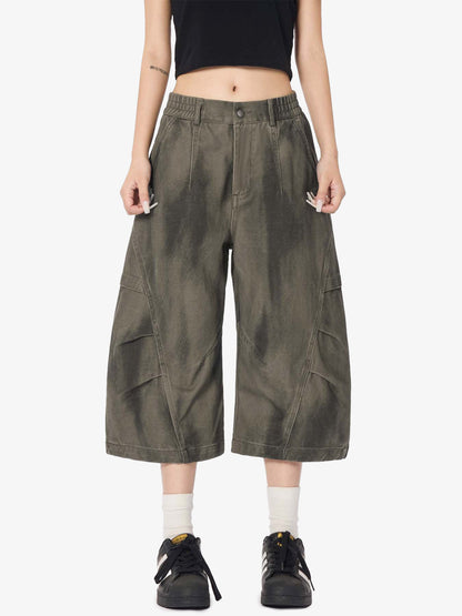 Olive Washed Wide-Leg Cargo Shorts – Cotton Twill Relaxed Fit Utility Shorts