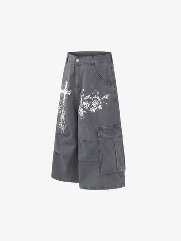 Gothic Cross Graphic Cargo Shorts 