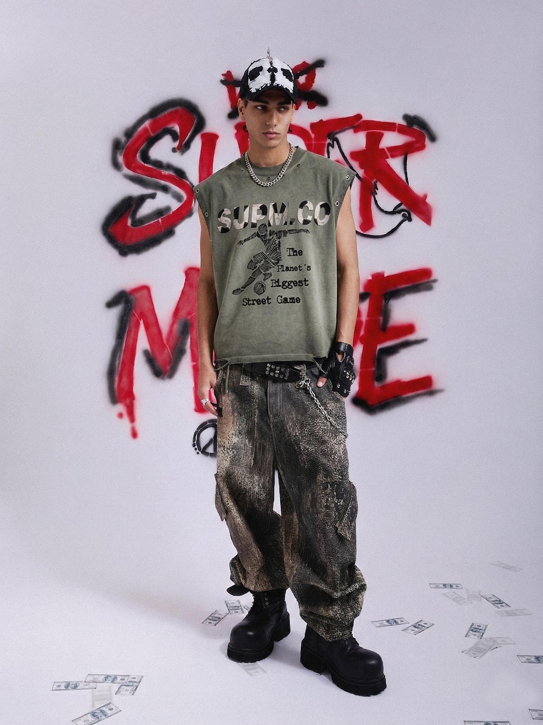 Distressed "SUPM.CO" Soccer Graphic Sleeveless T-Shirt 