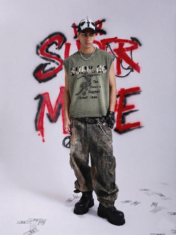 Distressed "SUPM.CO" Soccer Graphic Sleeveless T-Shirt 