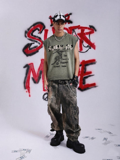 Distressed "SUPM.CO" Soccer Graphic Sleeveless T-Shirt 