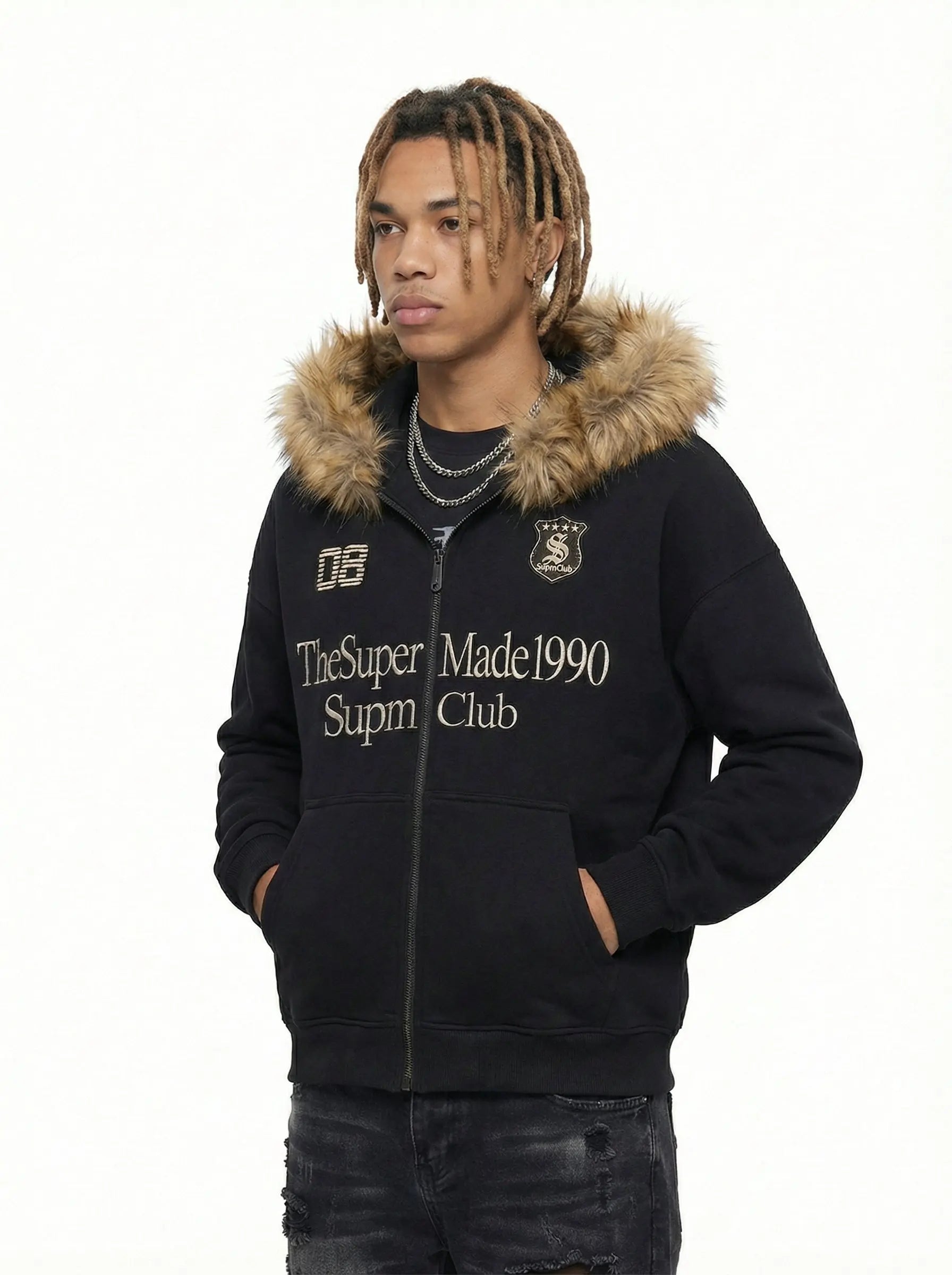 Letter Medal Embroidered Cardigan Fur Collar Zip Up Hoodie- 2502 