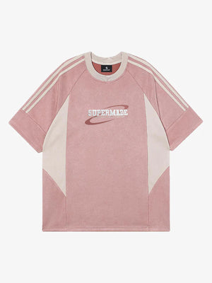 Suede Contrast Color Spliced Letter Embroidery Oversize T-shirt - 2462 