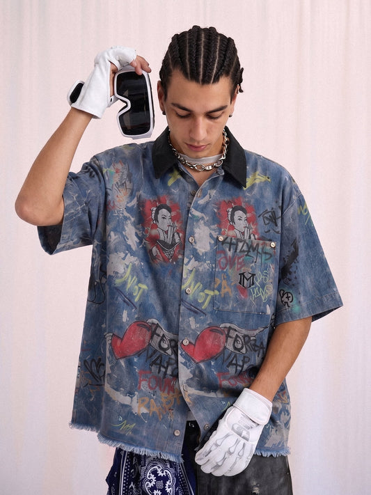 Poloshirt aus Denim mit Batik-Graffiti