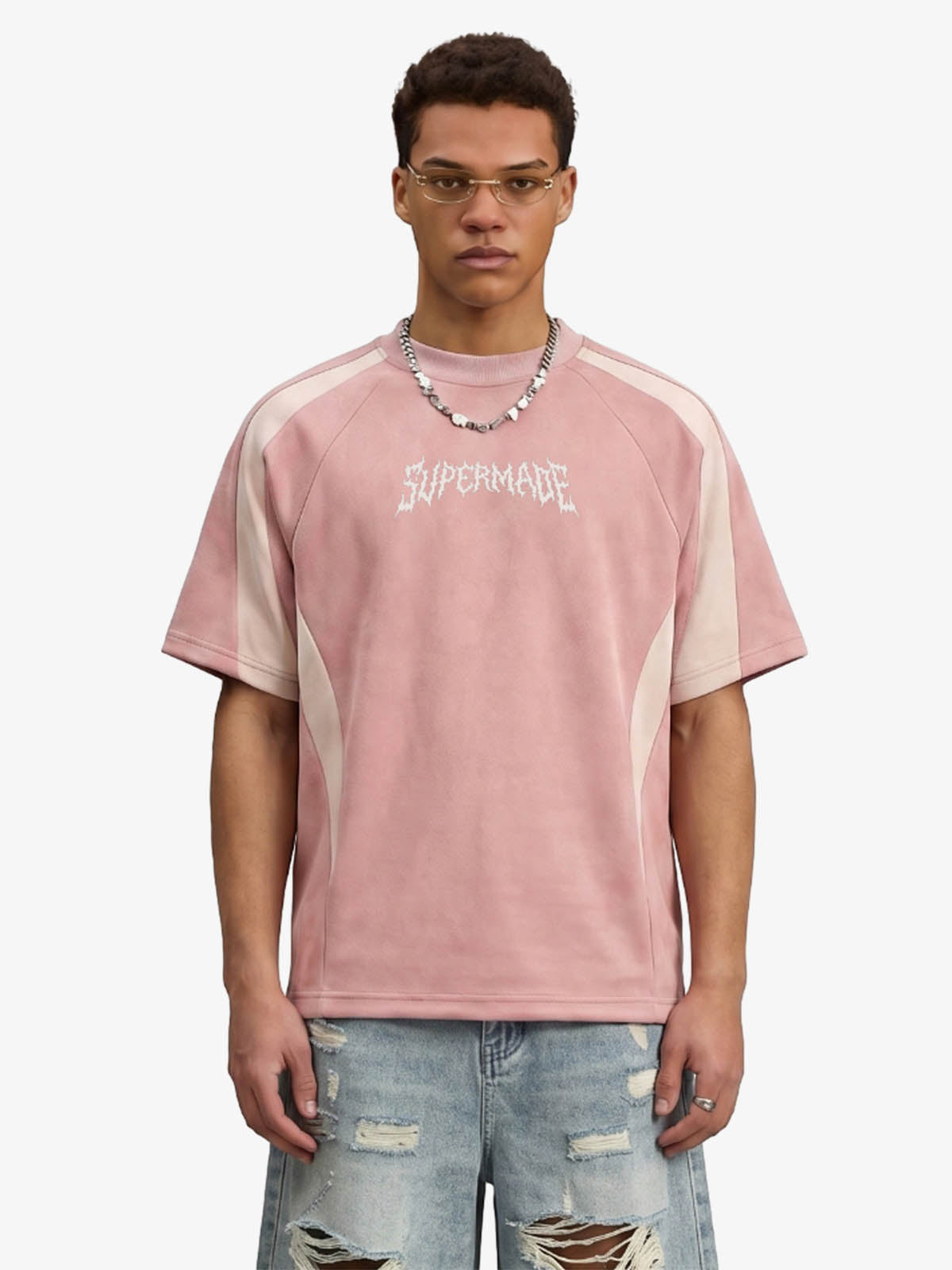 Suede Panel Embroidered Logo Short Sleeve T-Shirt 