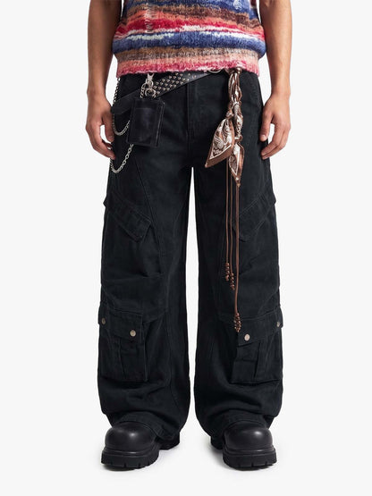 Draped Fabric Accessories Deconstructed Wide Leg Cargo Pants 